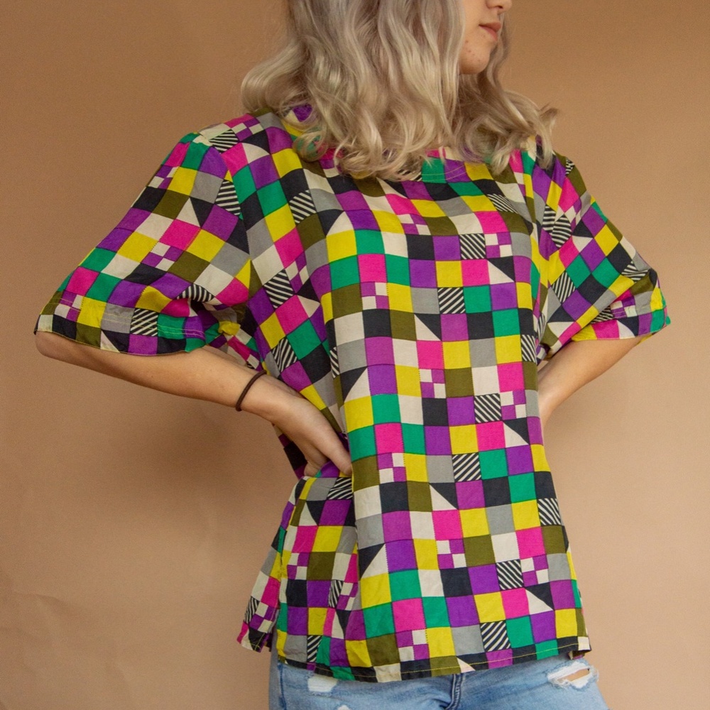 90s Vintage 100% Silk Neon Check Short Sleeve Tee